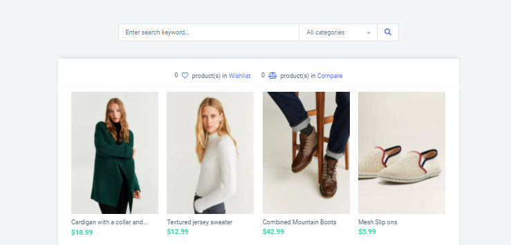elementor compare and wishlist website sample