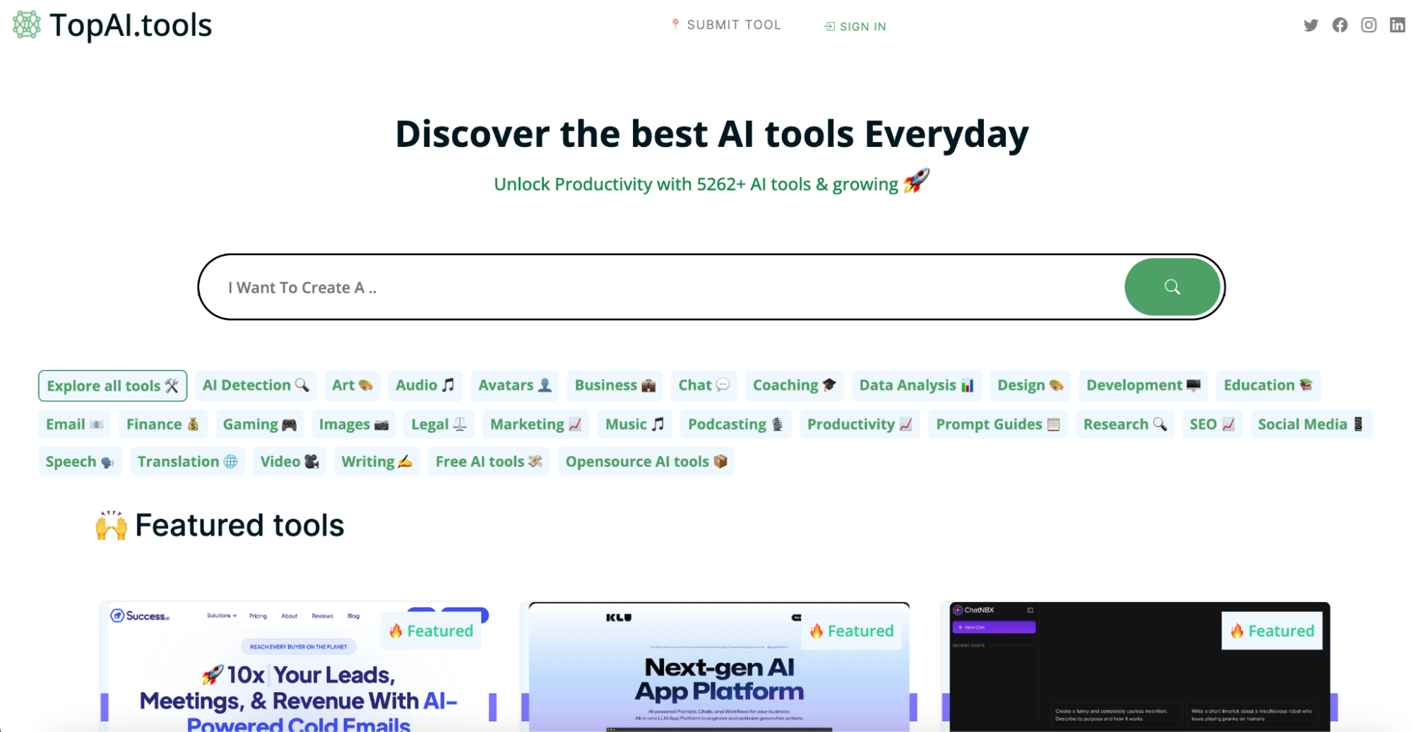TopAI.tools serves as a comprehensive directory and search engine to discover the best artificial intelligence tools and applications across diverse categories. With over 5000 AI services and products listed, it aims to help businesses and individuals easily find and leverage relevant AI capabilities.
The site organizes AI tools into categories like writing, chatbots, design, finance, productivity etc. This enables visitors to explore AI innovations tailored to their needs, whether it's a marketing automation tool or invoice processing software. The homepage highlights top AI tools through curated lists like trending, free and open source.
Each tool listing provides key details like pricing, main features and a shortcut to save or bookmark the tool. This gives a quick overview to assess if the AI solution matches the user's requirements. More advanced search, compare and filter options would further improve discovery and comparison of tools.
While TopAI.tools features established AI tools, adding a section to highlight emerging or niche AI startups could uncover more unique innovations. More comprehensive customer reviews and ratings for each tool could also help validate credibility and user experience.
Overall, TopAI.tools makes it easy to find the best AI assistant, data, writing, design or other productivity-enhancing tools tailored to business or personal needs. For entrepreneurs, developers, creatives and other professionals, it serves as an essential bookmark to stay updated on the exponential growth of AI across industries.