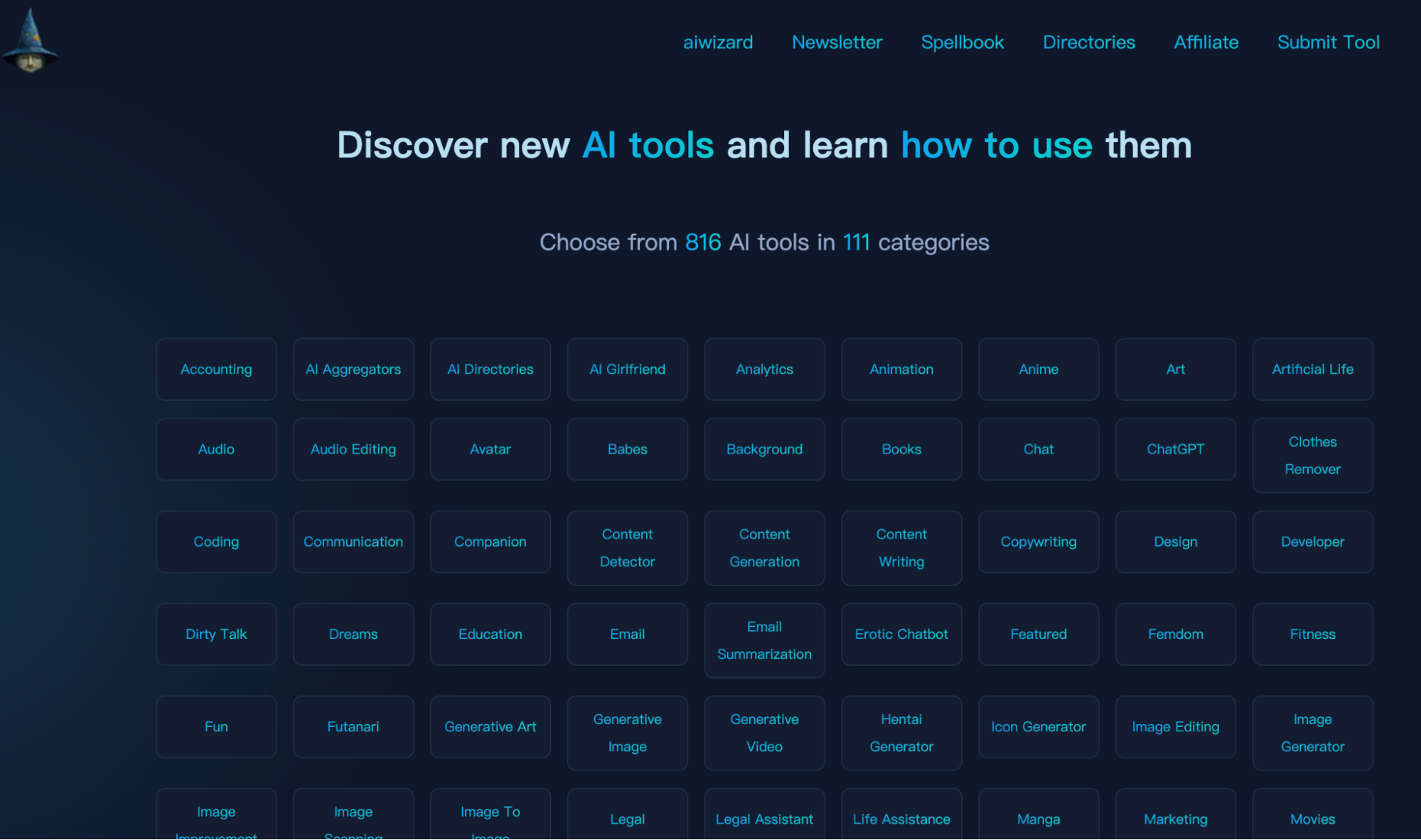 Aiwizard serves as a comprehensive directory and guide for discovering the latest artificial intelligence tools and applications. With over 800 AI services and products listed across diverse categories, it enables users to easily explore and find relevant AI capabilities tailored to their needs.
The site organizes tools into segments like writing assistants, chatbots, art generators, productivity enhancers etc. This makes it easy to explore innovations based on intended use cases, whether it's a social media assistant or invoice processing software. Users can also browse curated lists of top and featured tools.
Each AI tool listing summarizes key details like main features and pricing. However, more comprehensive customer reviews could further validate the quality and usefulness of each tool. Comparison features would also aid selecting the right tools.
8.AI Wizard